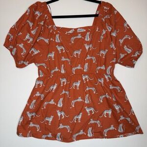 Michelle McDowell Women's Top Orange Leopards Large Puff Sleeve Square Neck